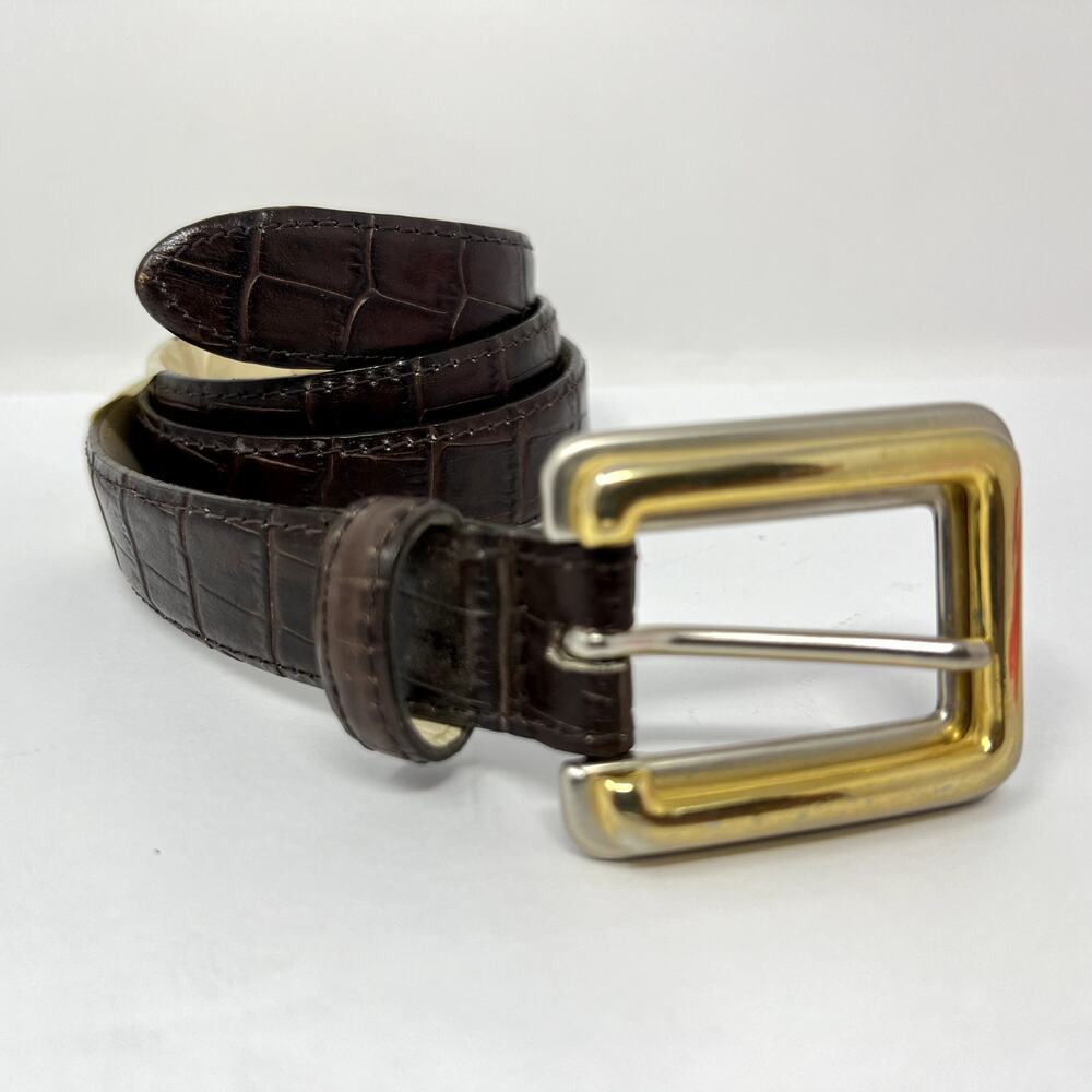 Avignon Croc Embossed Leather Belt S Brown Two Tone Buckle Made in USA